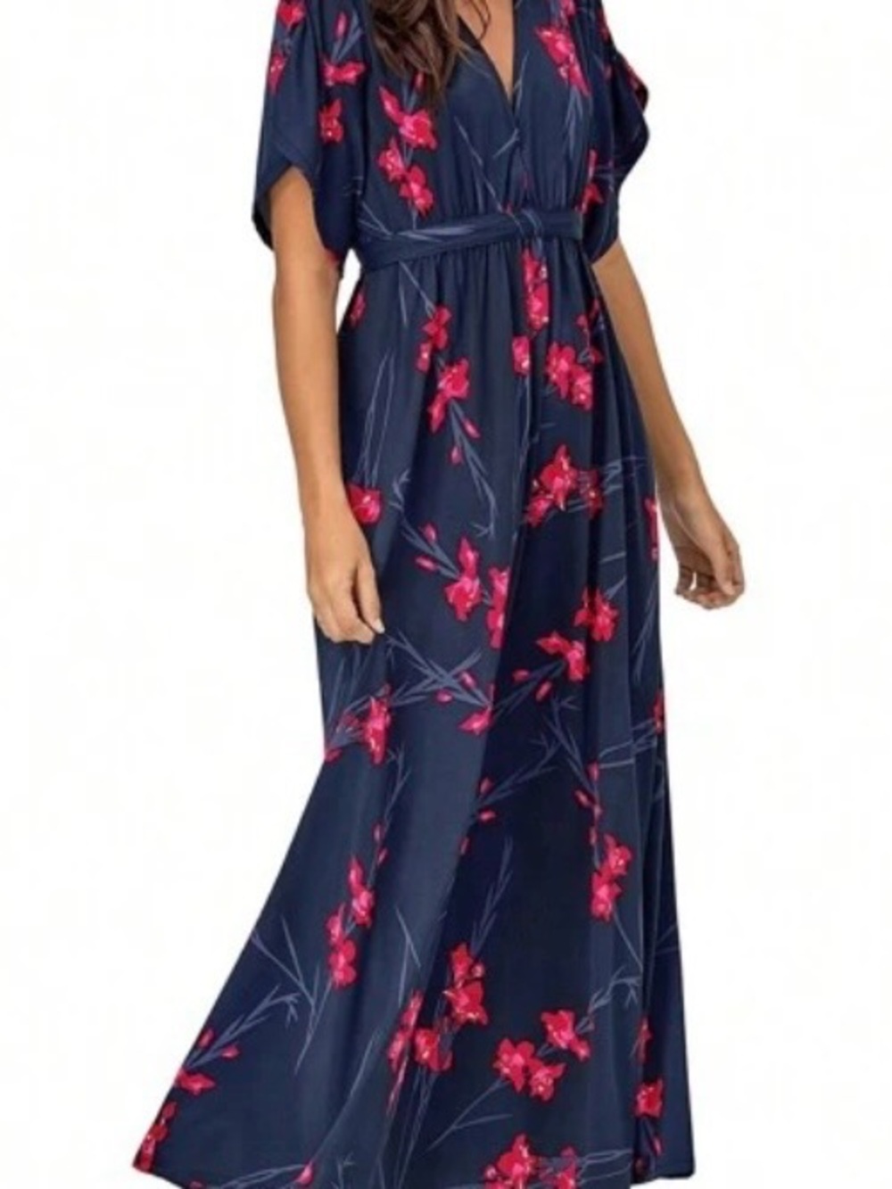 ellos Navy Maxi Dress with Red-Pink Floral Print